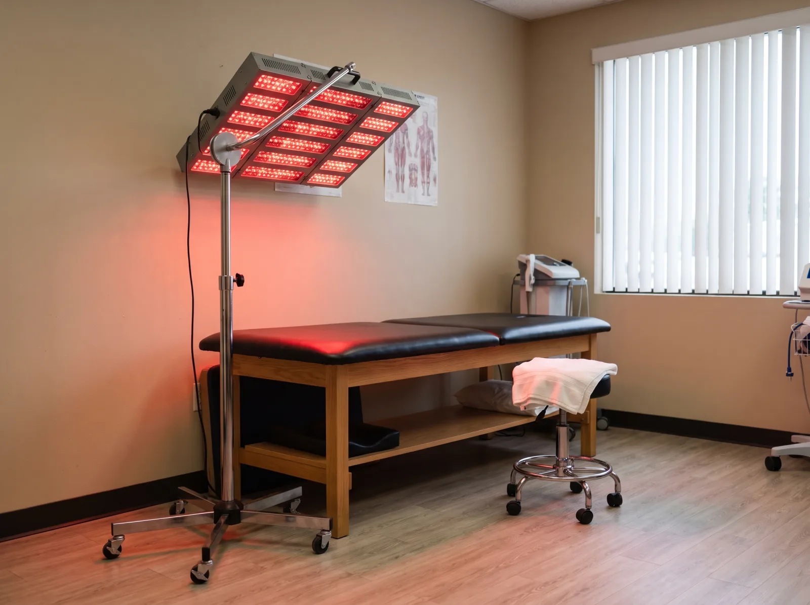 A red light panel on a stand angled over a treatment table