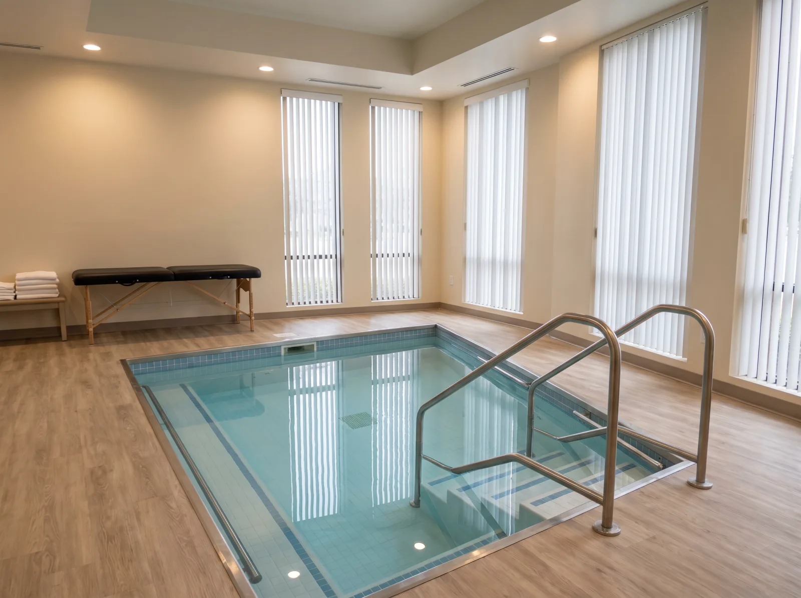 A warm-water therapy pool with handrails and steps down into it